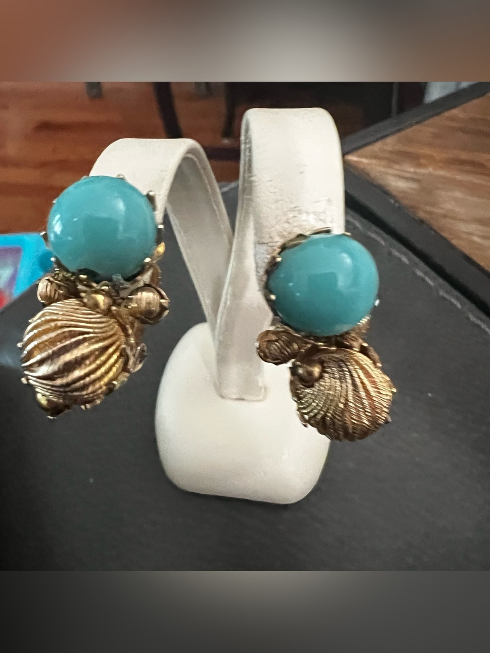 Turquoise Dome Clip-On Earrings with Gold Shell Accents